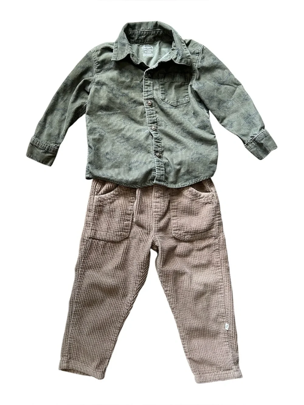 Carter's Olive Green Shirt and Tan Corduroy Pants Kids Matching Set